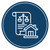 Blue circle icon with a house, scroll, and scales of justice.