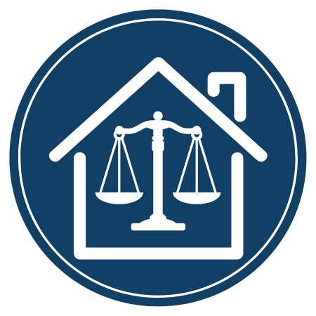 Blue circle with a white house outline containing a balanced scales of justice.