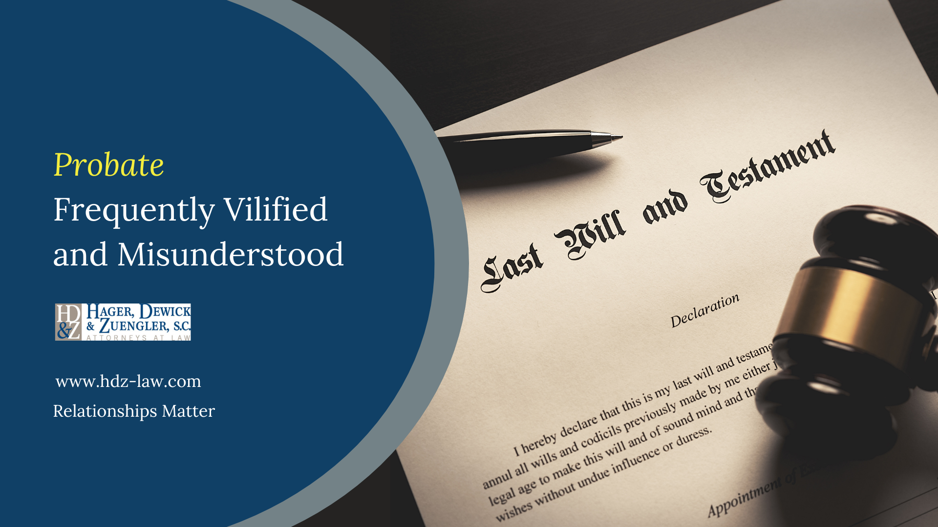 Presentation on probate law, with will, gavel, and pen.