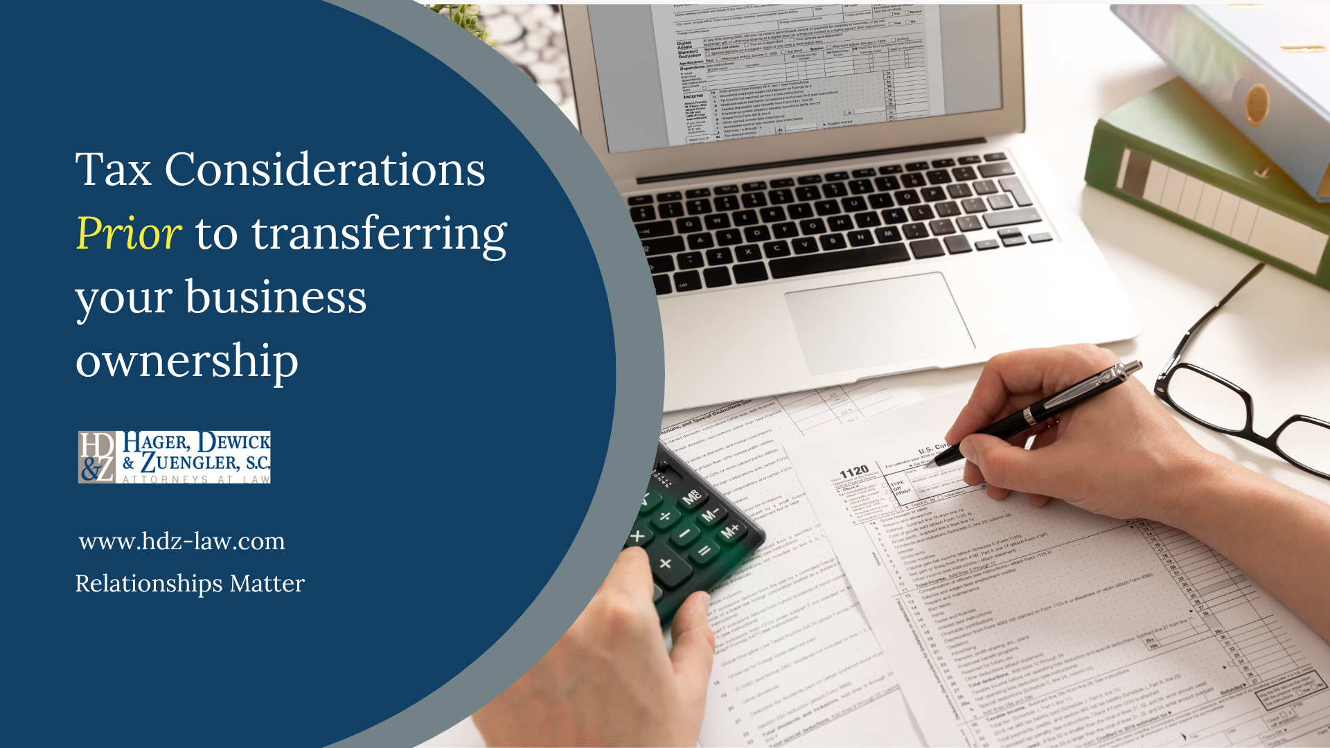 Business owner calculating taxes; laptop and documents on desk. Text: 