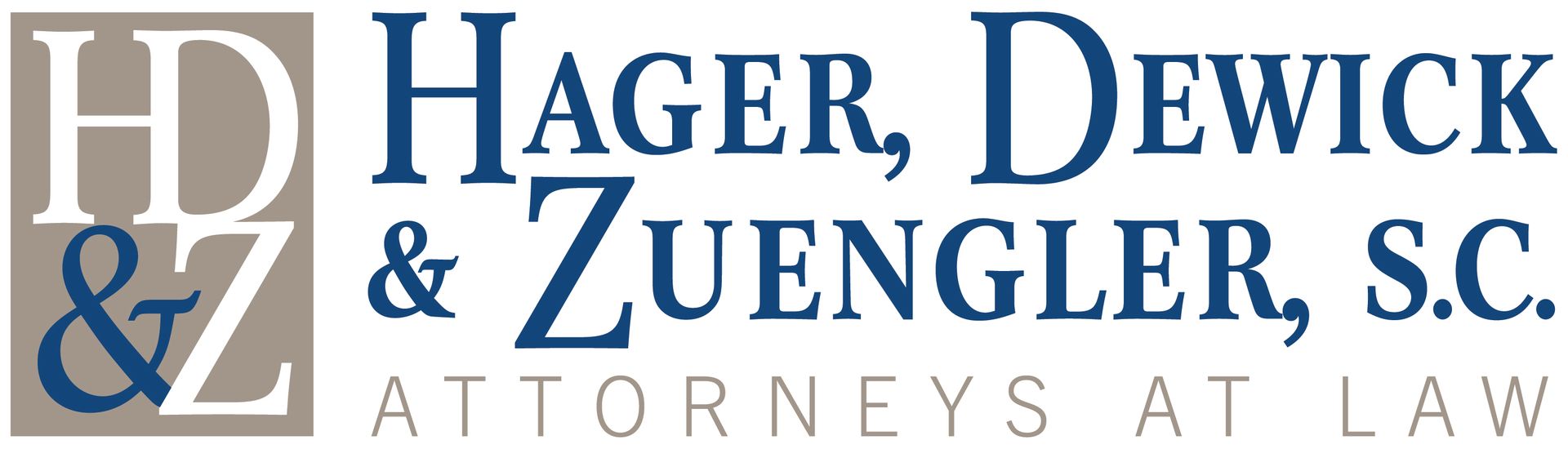 Logo for law firm Hager, Dewick & Zuengler, S.C. Dark blue and white text on a grey background. 