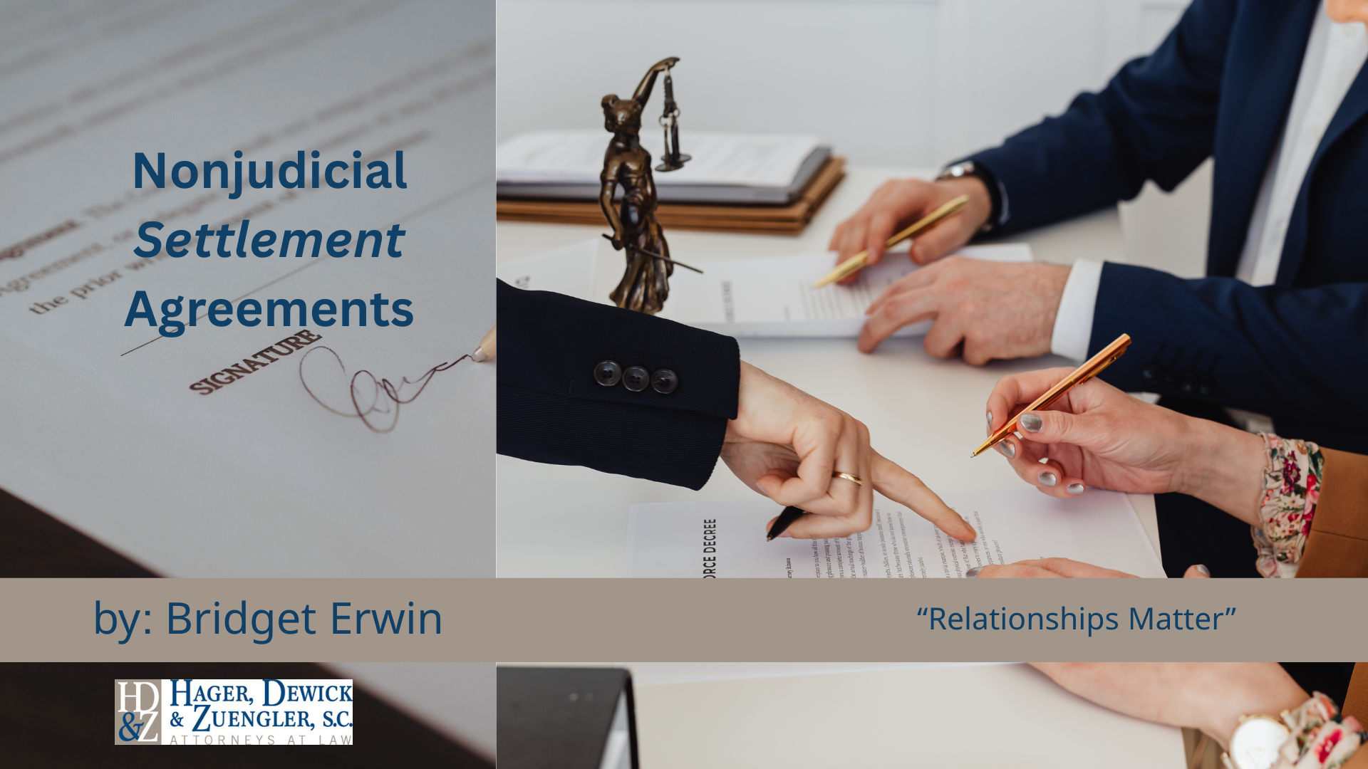 Two people signing a document. A statue of justice is on the table. Text: 