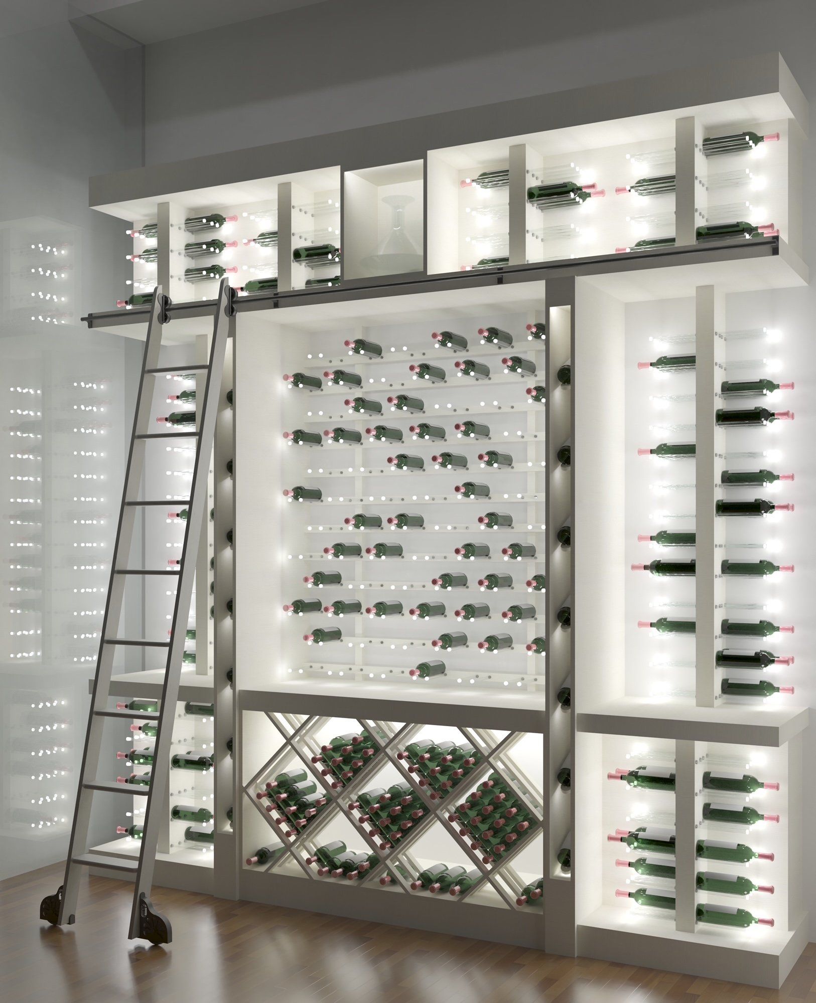 A wine cellar with a ladder and lots of bottles