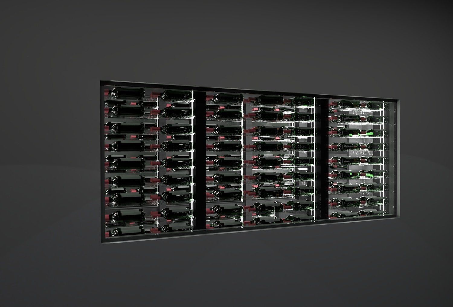 A row of servers sitting on top of each other on a black background.