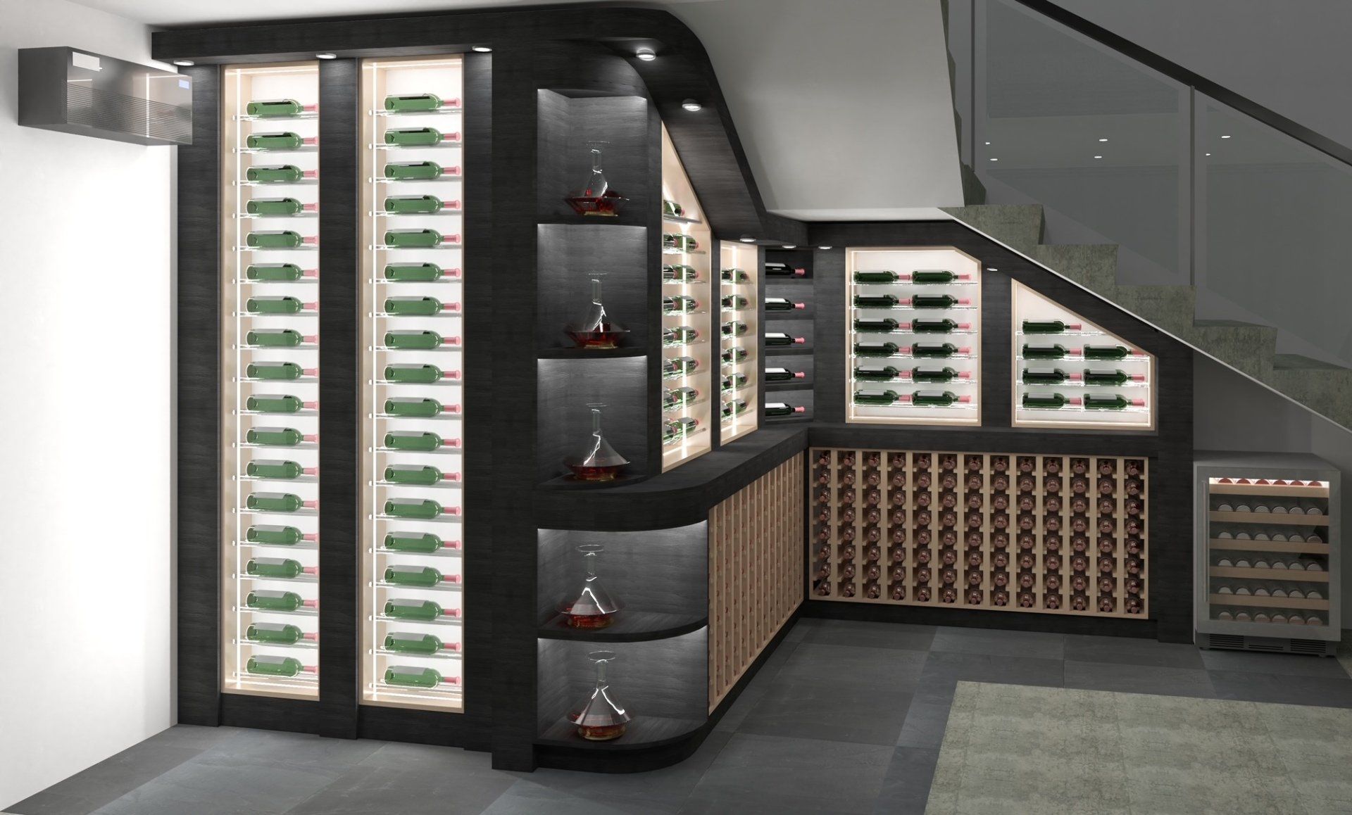 A rendering of a wine cellar under a staircase