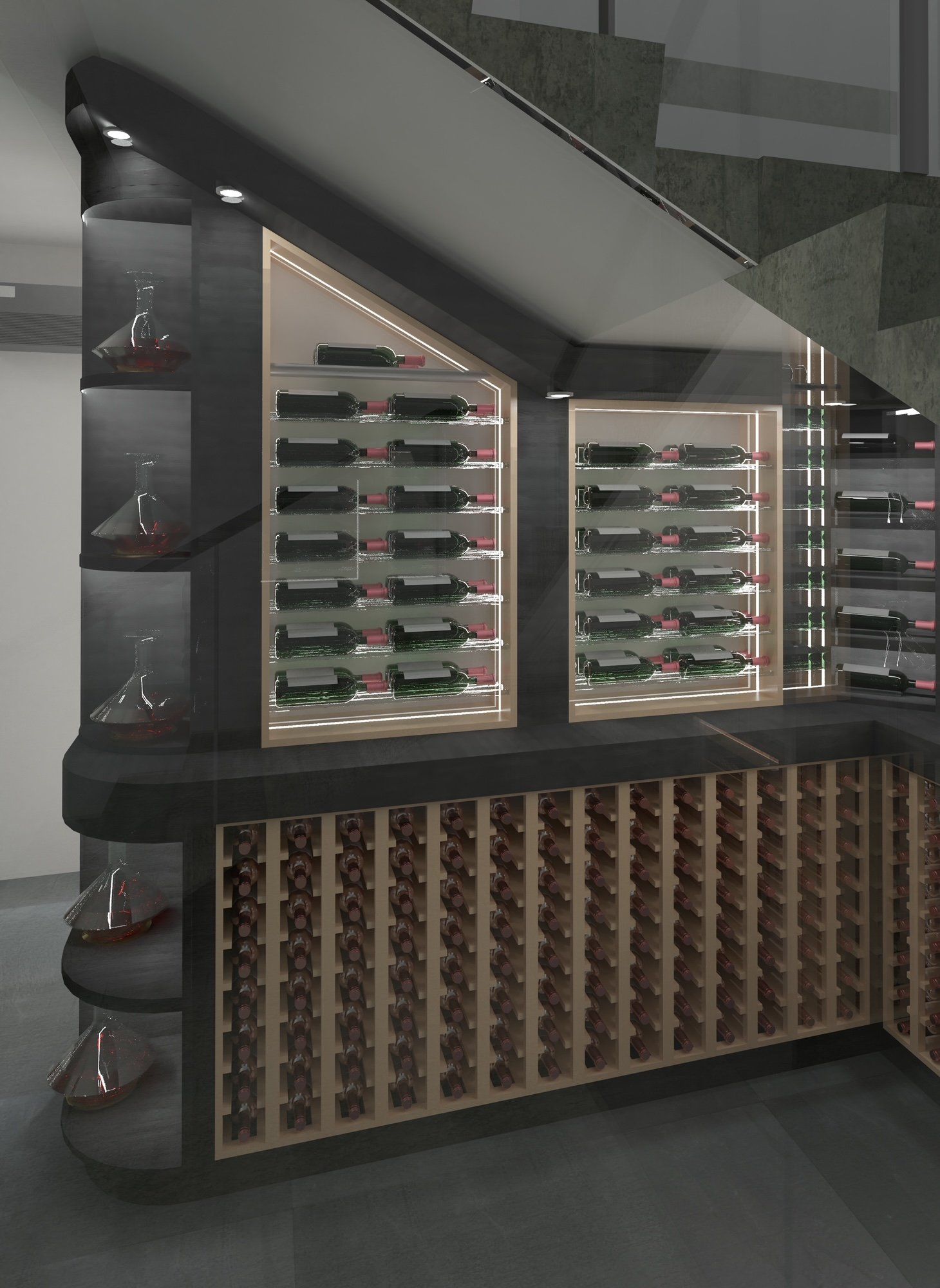 A wine cellar under a staircase with lots of bottles