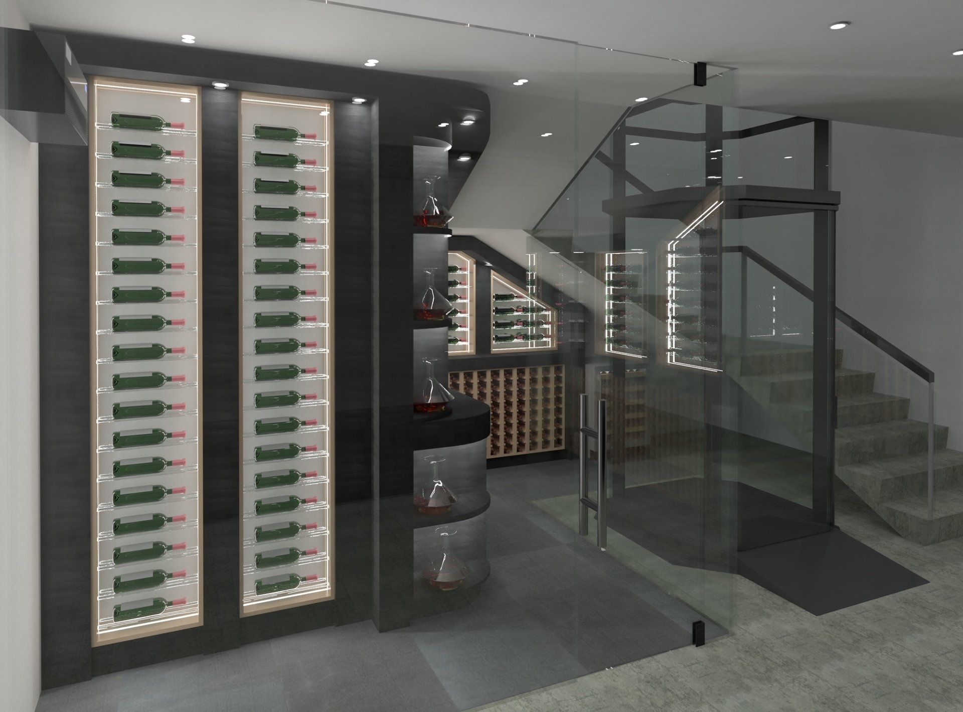 A wine cellar with a glass door and stairs