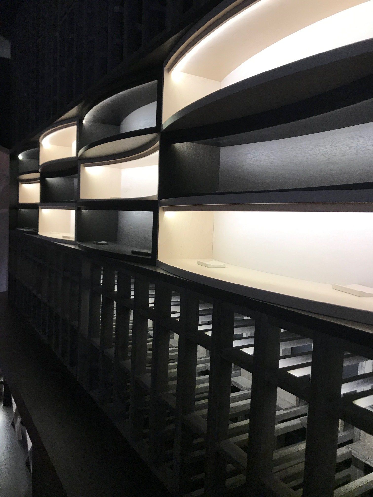 A row of shelves with lights on them in a dark room