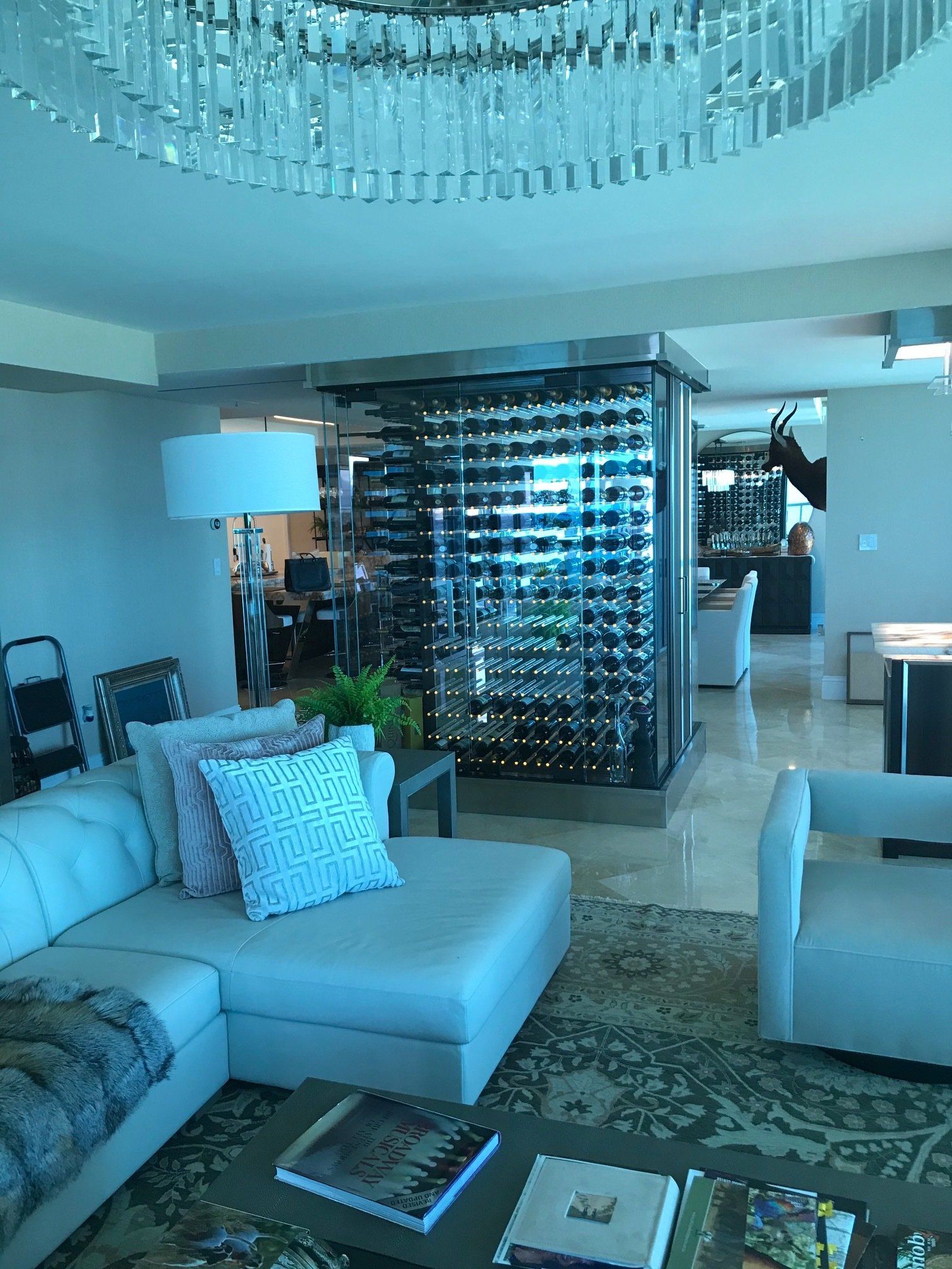 A living room with a couch and a wine cellar