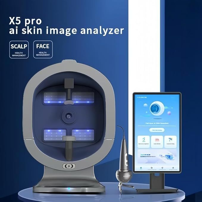 X5 Pro AI skin image analyzer machine with a facial scanning hood, handheld probe, and digital display monitor.