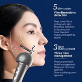 A device analyzing skin on a woman's face next to a list of five detection features and three management items.