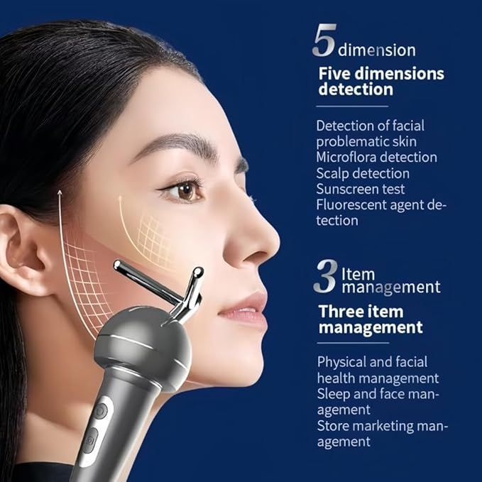 A device analyzing skin on a woman's face next to a list of five detection features and three management items.