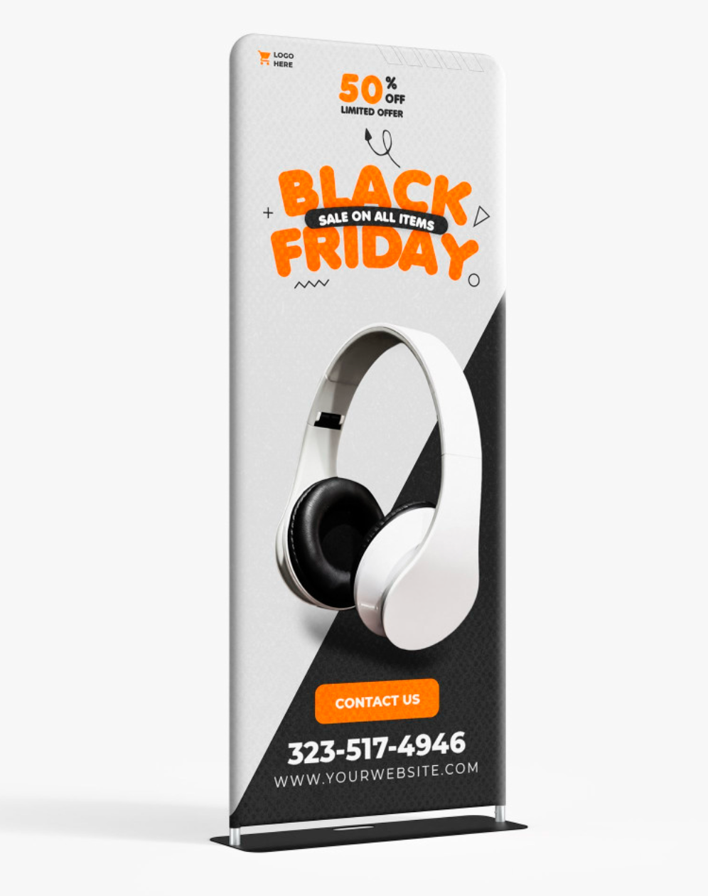 Black Friday sale banner with headphones; orange and white text on a white and gray background.