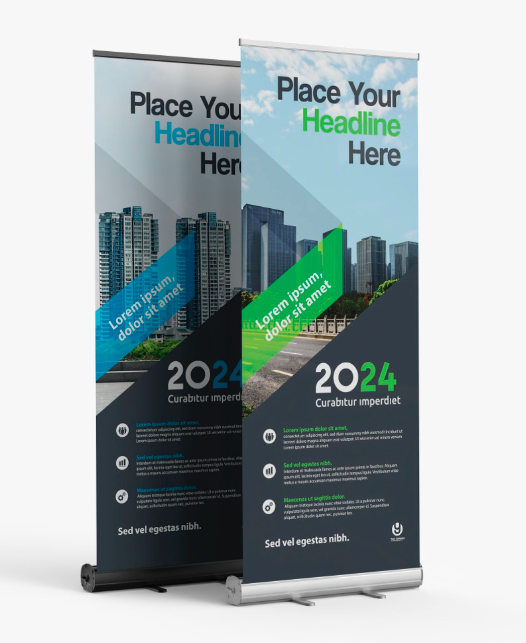 Two roll-up banners: cityscape background, headline space, 2024, dark blue and green accents.