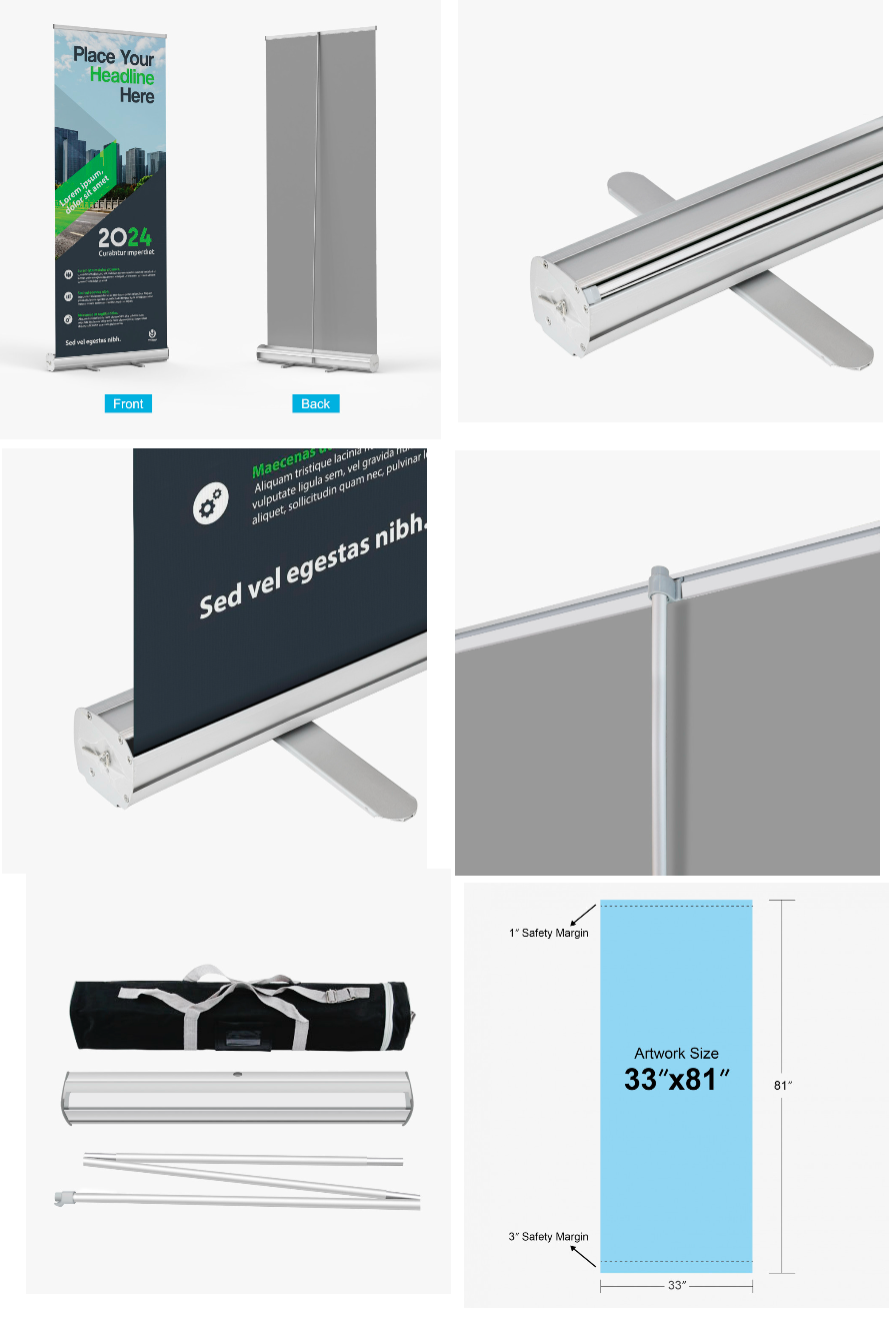 Roll-up banner display mockup: Silver metal base, graphics on display, with case. Dimensions are 33