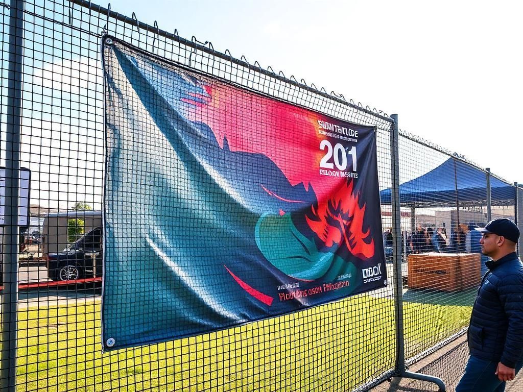 Banner on fence with event name and graphic; person looks at it.
