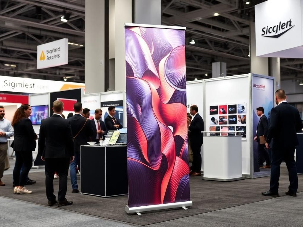 Trade show booth with a colorful display banner. People in suits mill around the space.