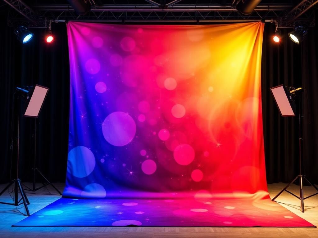 Colorful photo backdrop with stage lights. A vibrant gradient of blue, purple, red, and yellow with bokeh effect.
