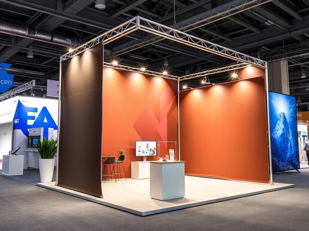 Trade show booth with orange backdrop, lit with spotlights, and a display screen.