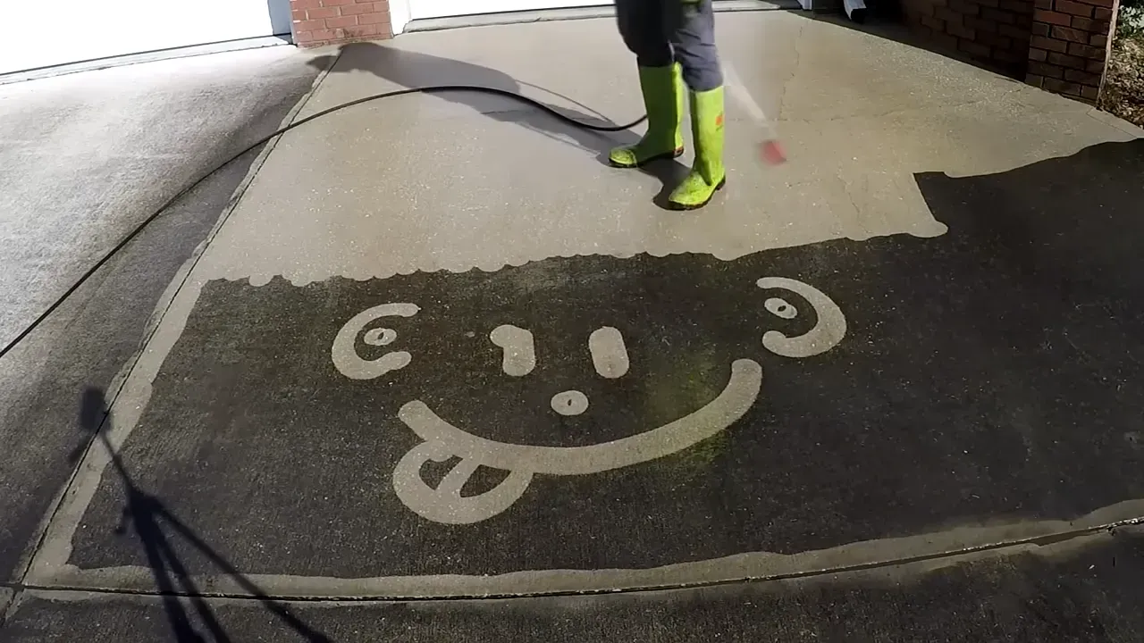 Person power washing a smiley face onto a dark driveway, wearing green boots.