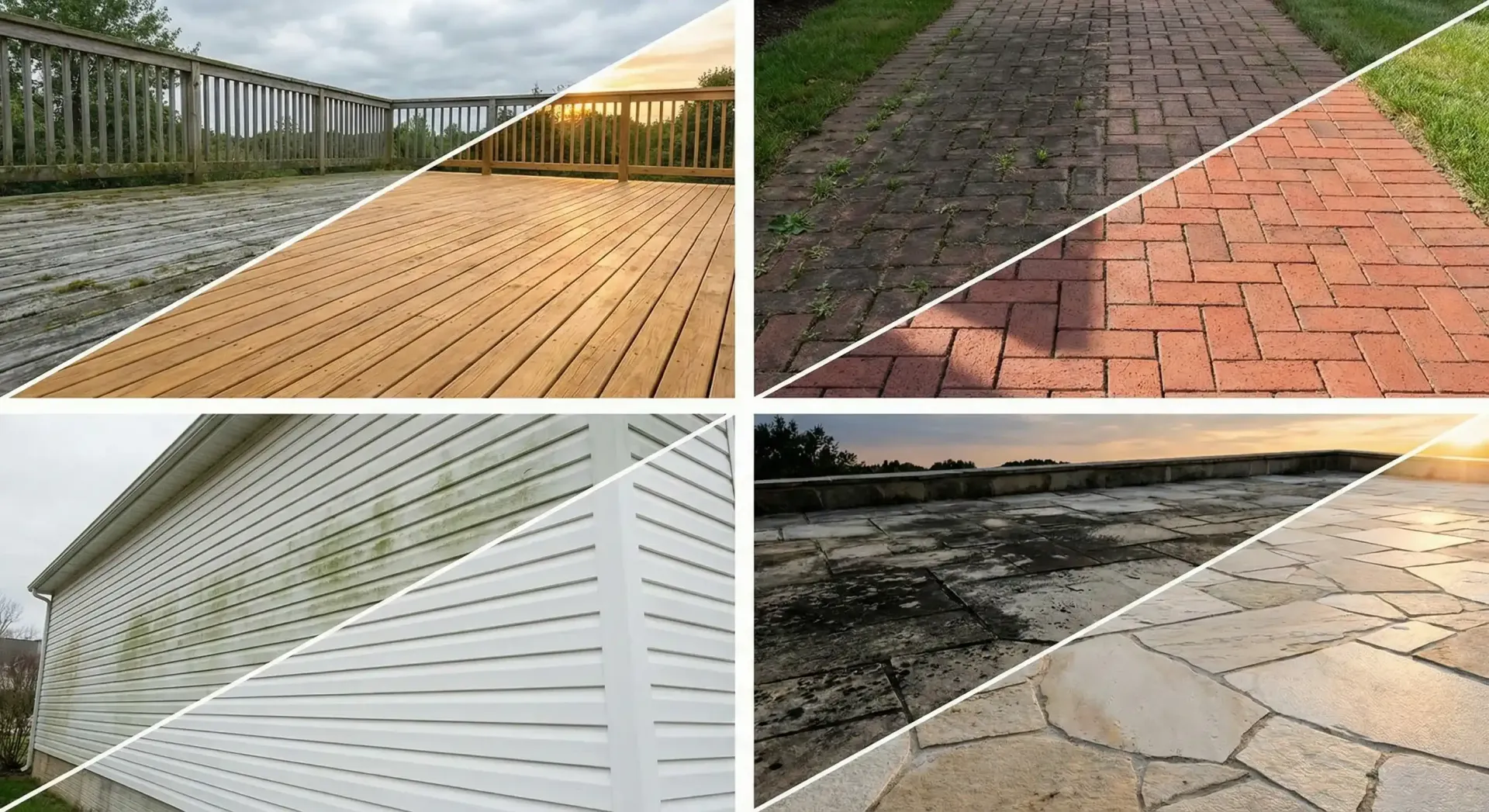 Four split images: cleaning effect on a deck, brick path, house siding, and stone patio.