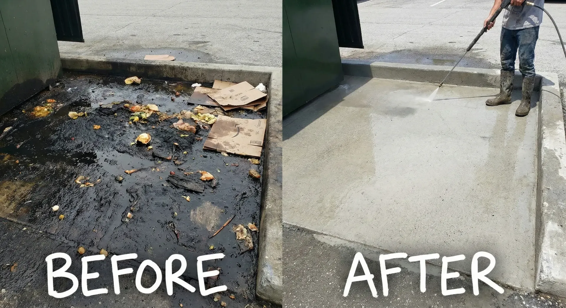 Before-and-after of a dumpster area; filthy trash compared to clean concrete after pressure washing.