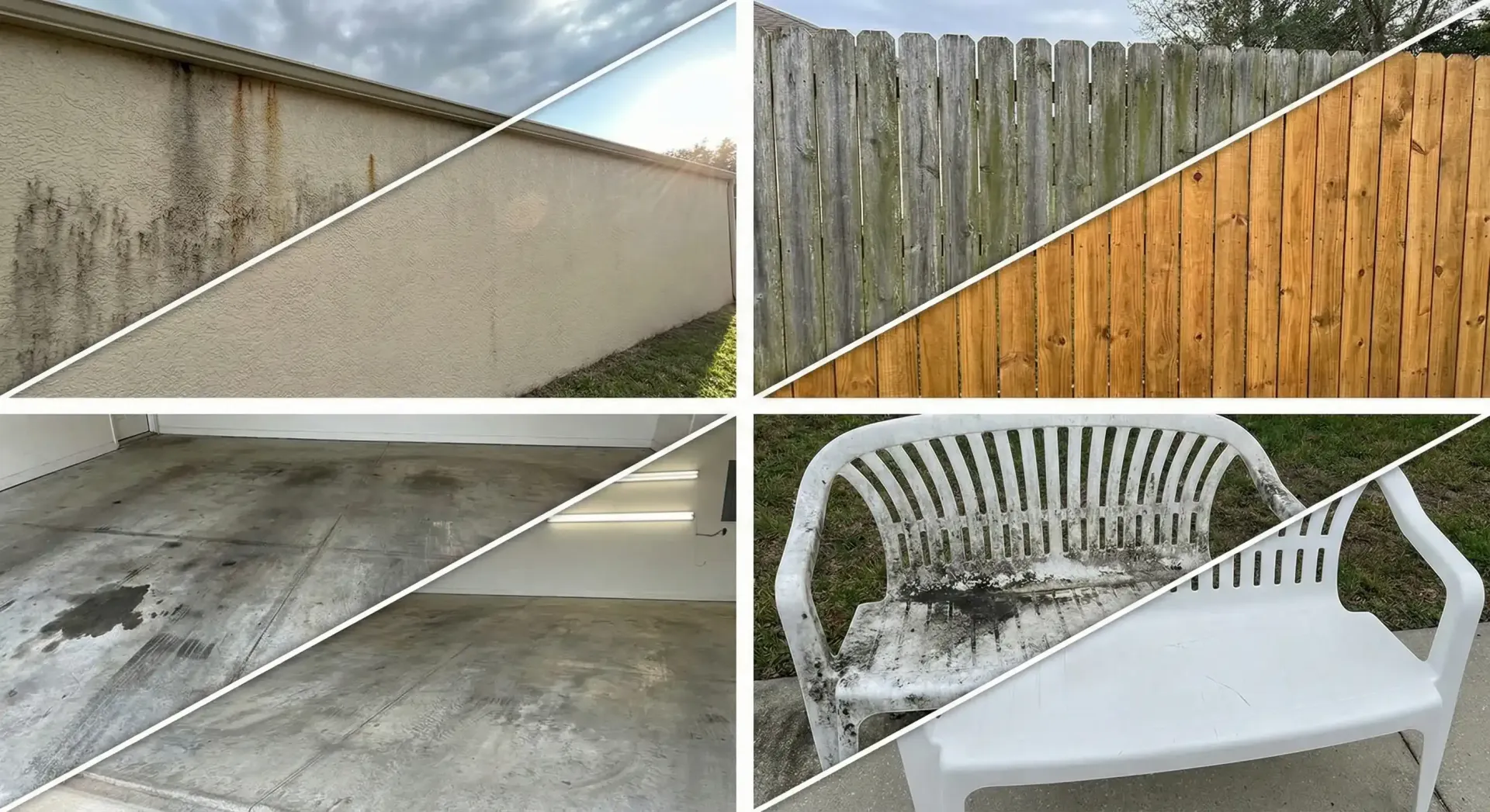 Four split-screen images showing before and after power washing: a dirty wall, fence, concrete floor, and plastic chair.