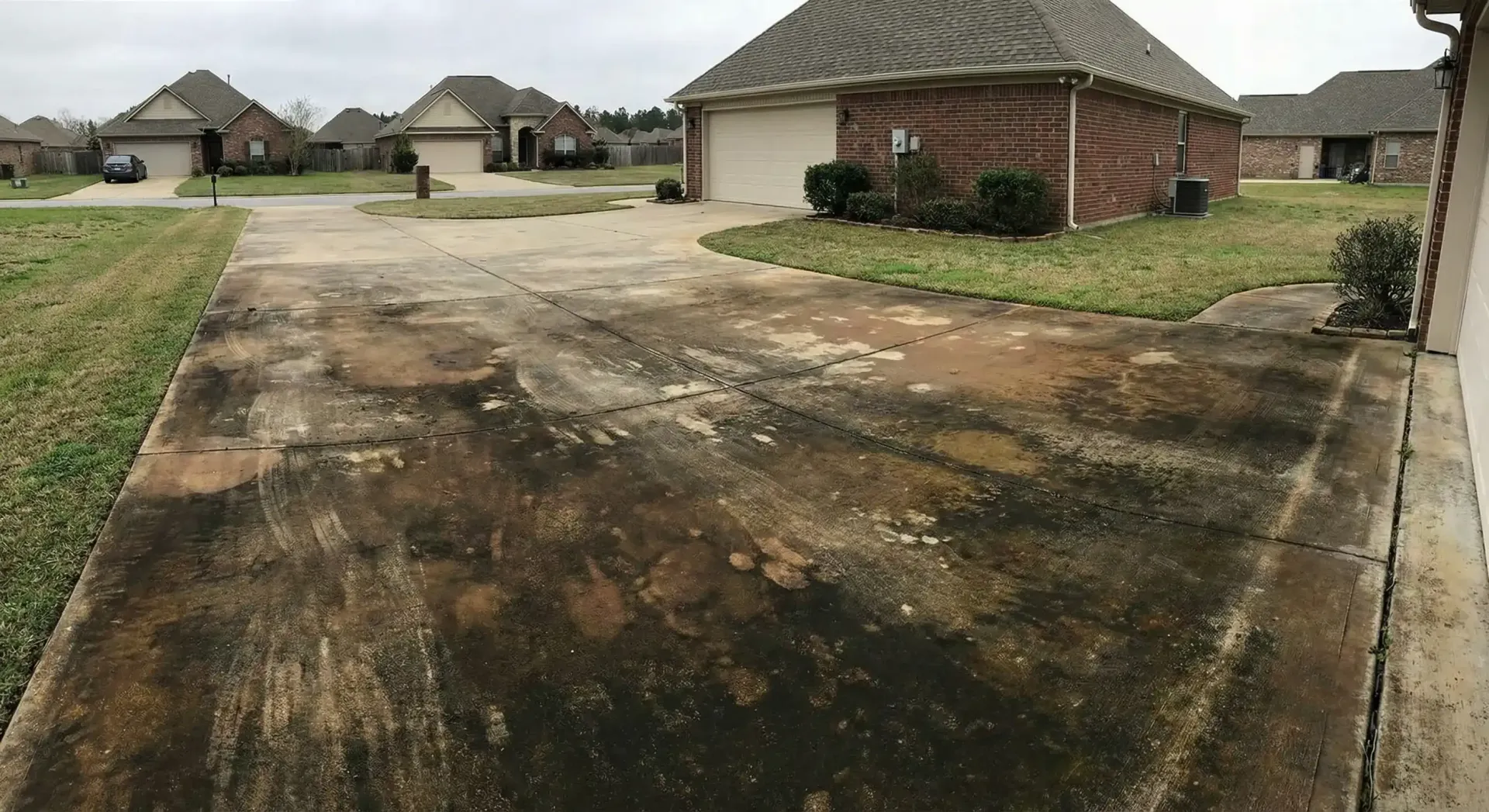 Muddy driveway in front of a brick house with other houses in the background on a cloudy day.