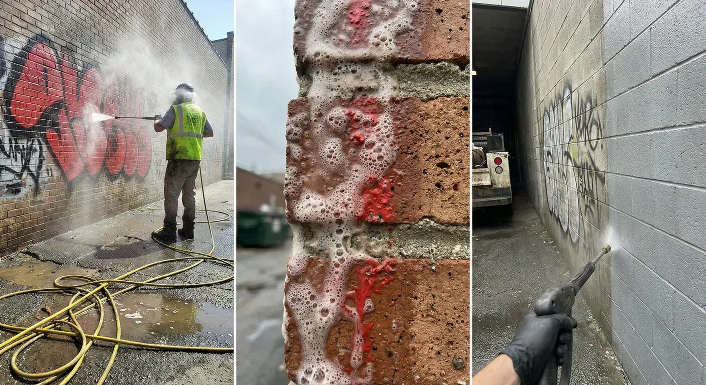 Man power washing graffiti off brick walls in alleyway.  Soapy red paint visible.