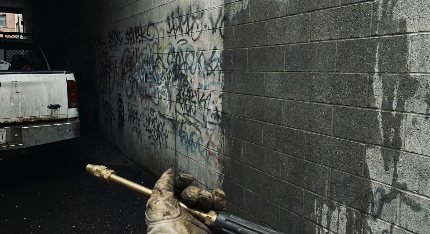 Person power washing graffiti off a concrete wall with a truck in the background.
