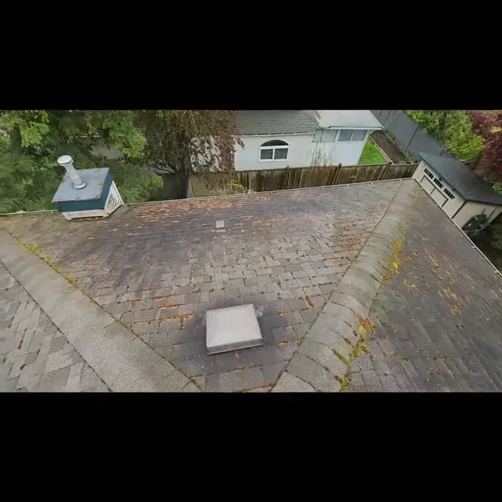 Overhead view of a house roof with a chimney, vents, and tiger tripes/black stripes