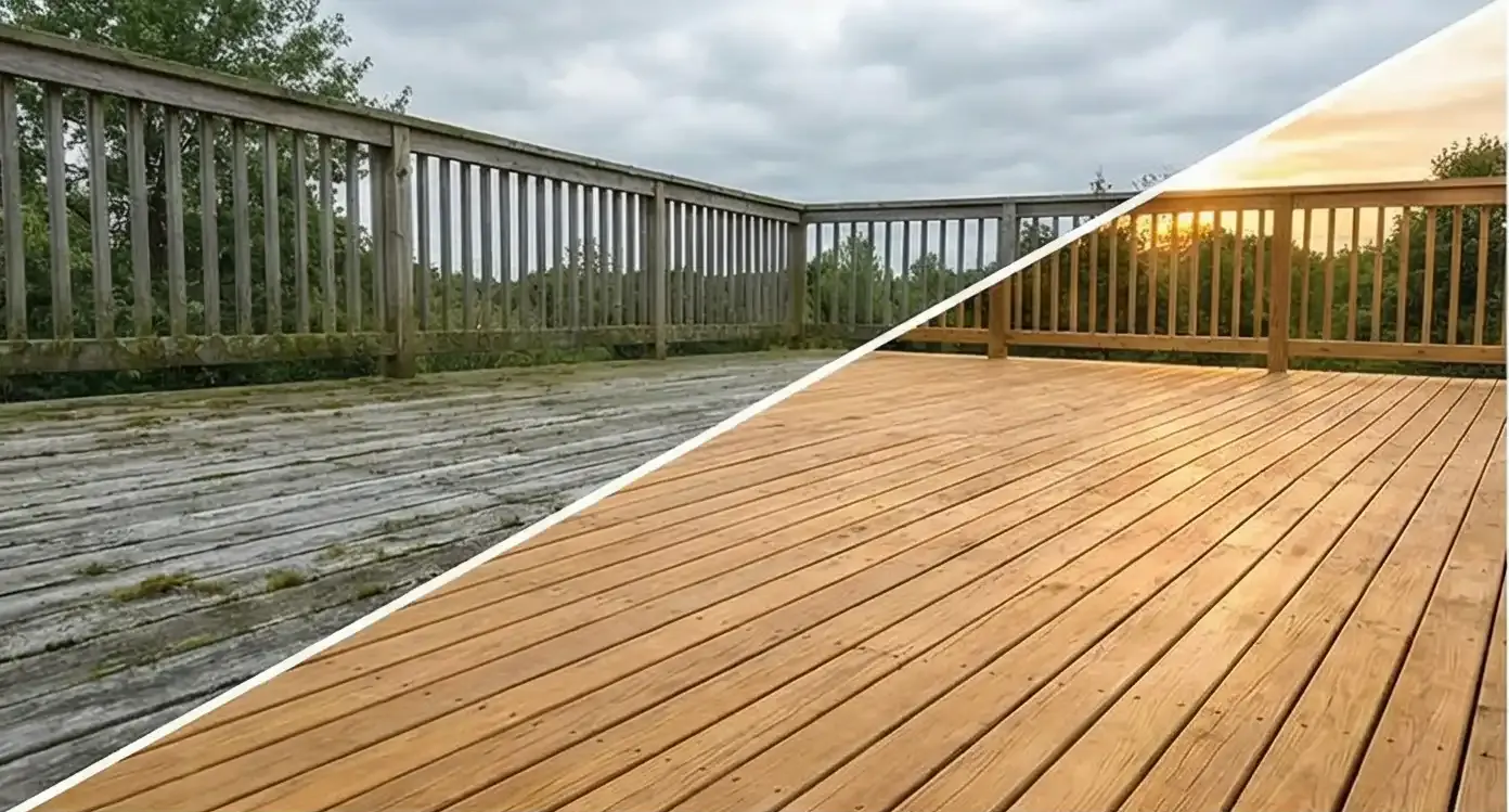 Before and after view of a wooden deck; one side covered in green growth, the other clean and stained.