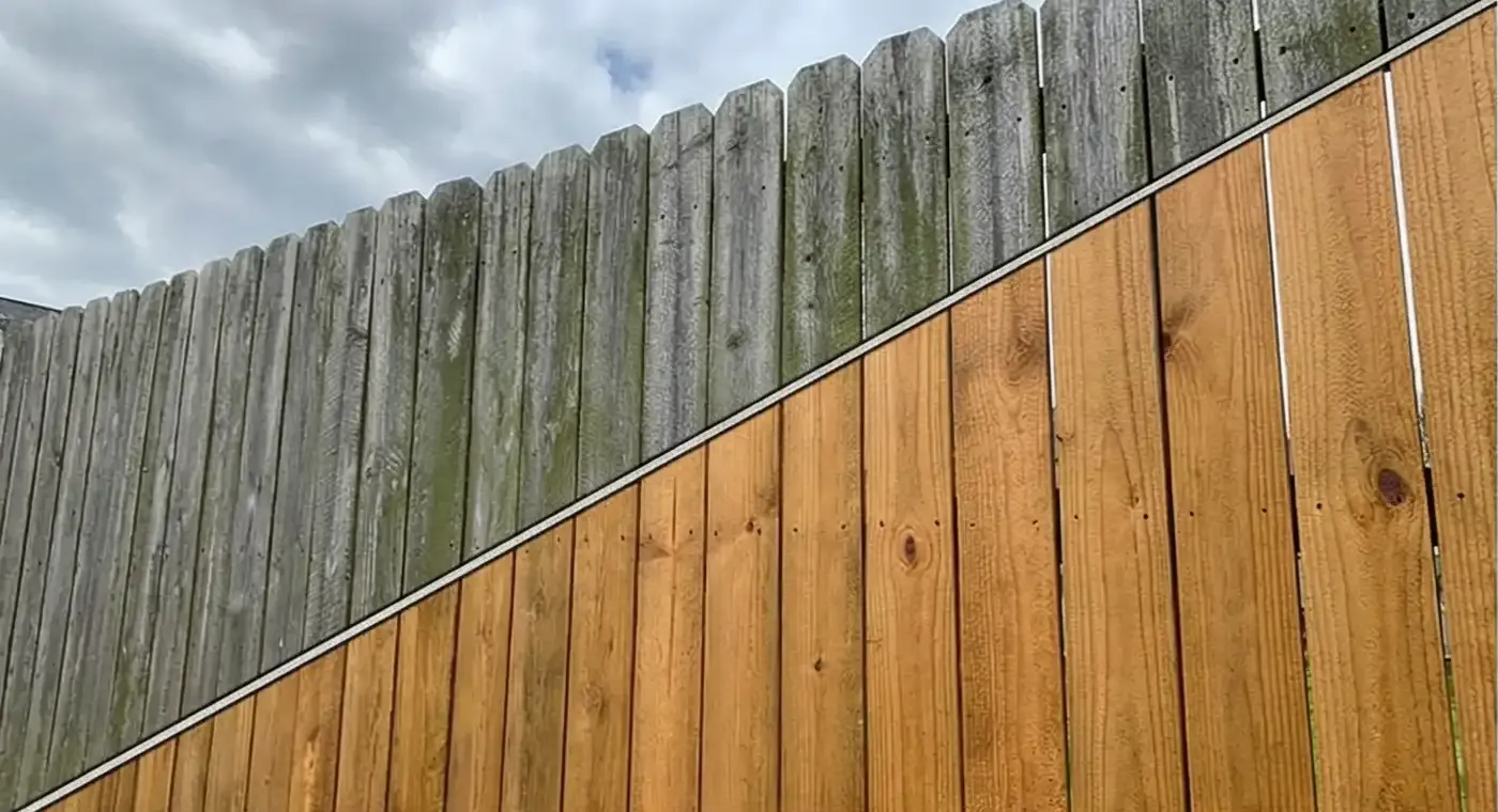 Wooden fence, half weathered and gray, half stained warm brown against a cloudy sky.
