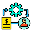 a line icon of a person , a dollar sign , and a gear .