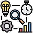 a yellow icon of a light bulb , gears , a magnifying glass , and a clock .