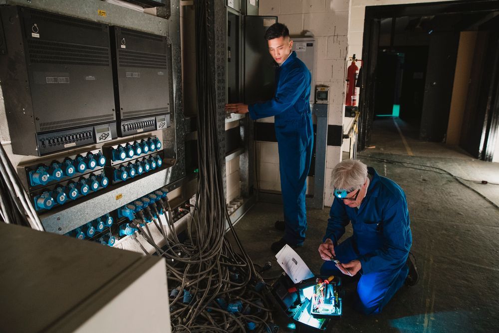 Two technicians in blue coveralls inspect electrical equipment in a dim industrial space.