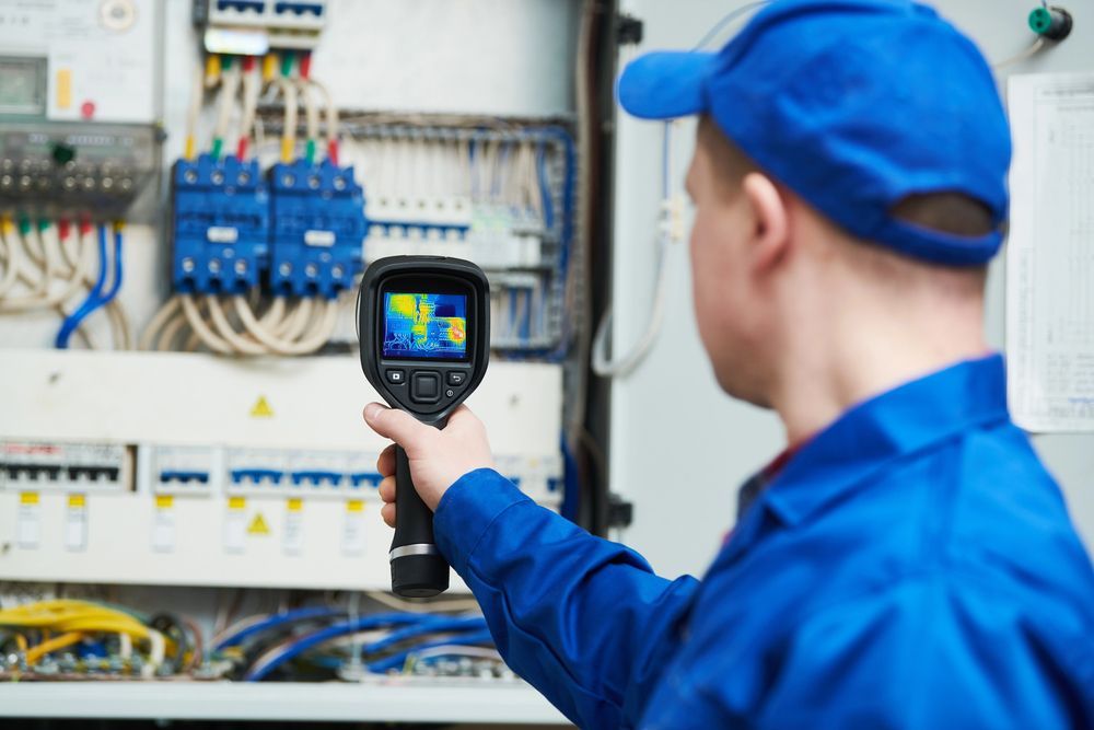 Electrician using thermal imaging camera on electrical panel. Blue work uniform, blue cap.