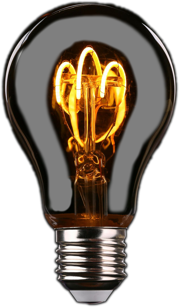 Glowing Edison-style lightbulb with a decorative filament inside the darkened glass, set against a black background.