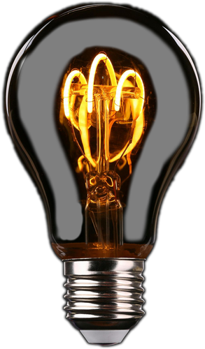 Glowing Edison-style lightbulb with a decorative filament inside the darkened glass, set against a black background.