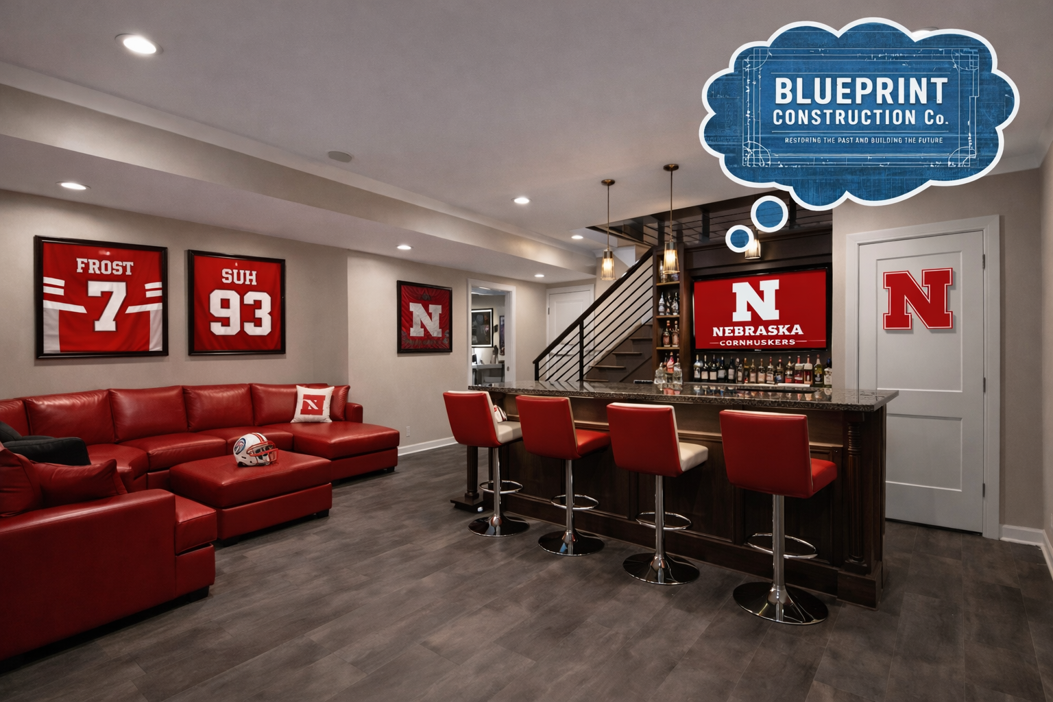 Husker man cave basement bar Omaha Nebraska luxury remodel