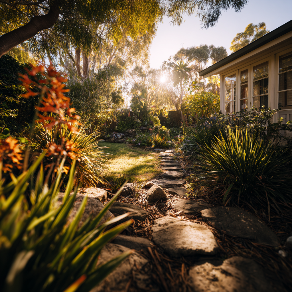Sunlit backyard garden path with rocks, orange flowers, and a house.