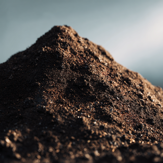 Pile of dark brown soil, likely compost, outdoors, slightly lit from the side.
