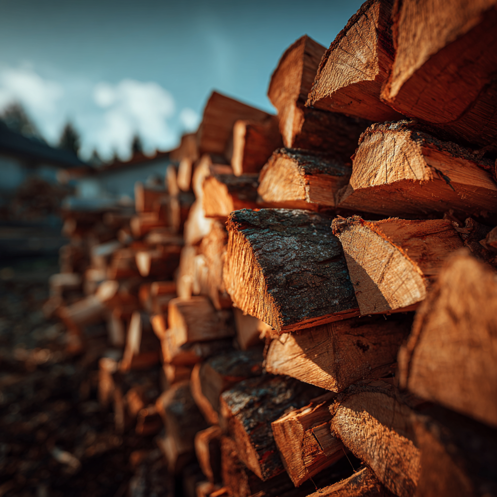 Pile of stacked firewood with a blurred background of trees and a blue sky.