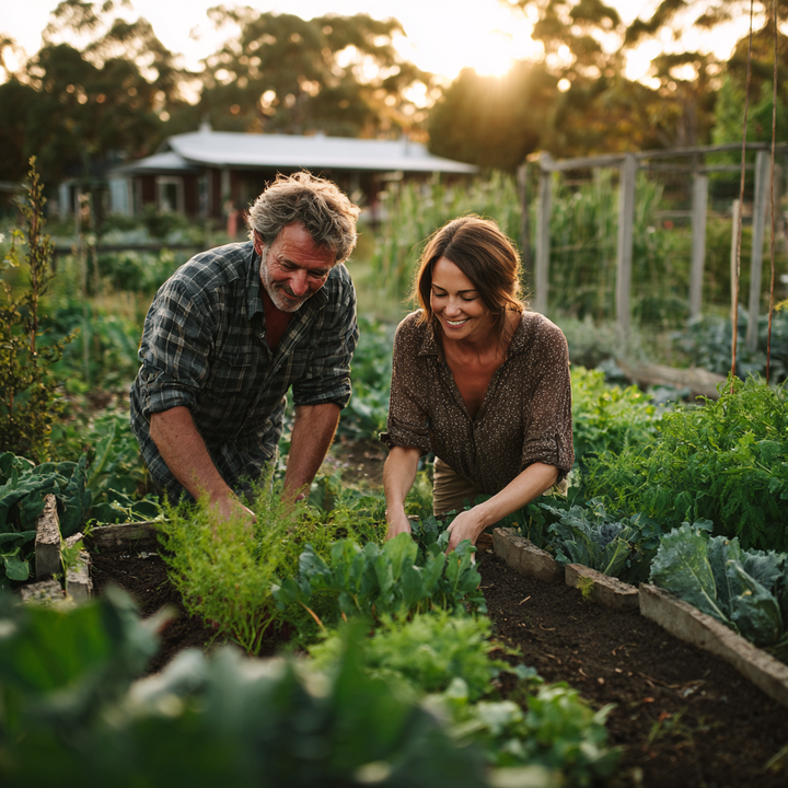 Two people tending to leafy green plants in a garden, lit by sunlight.
