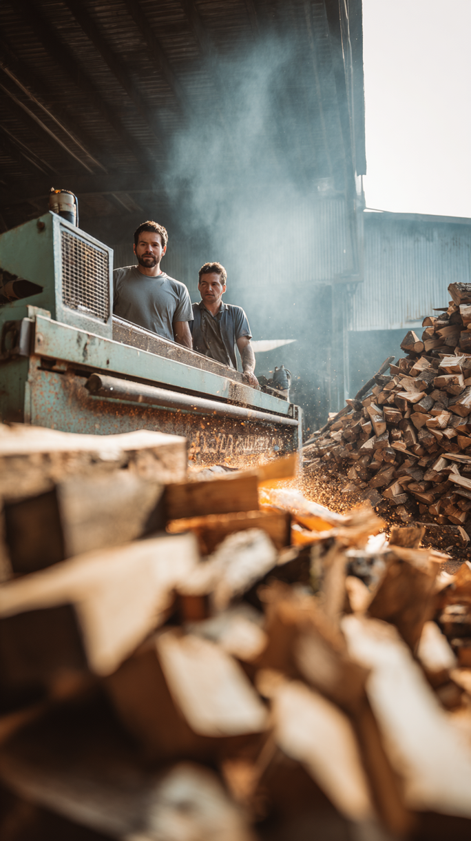 Two men operating a wood cutting machine in a lumberyard, sawdust in the air.