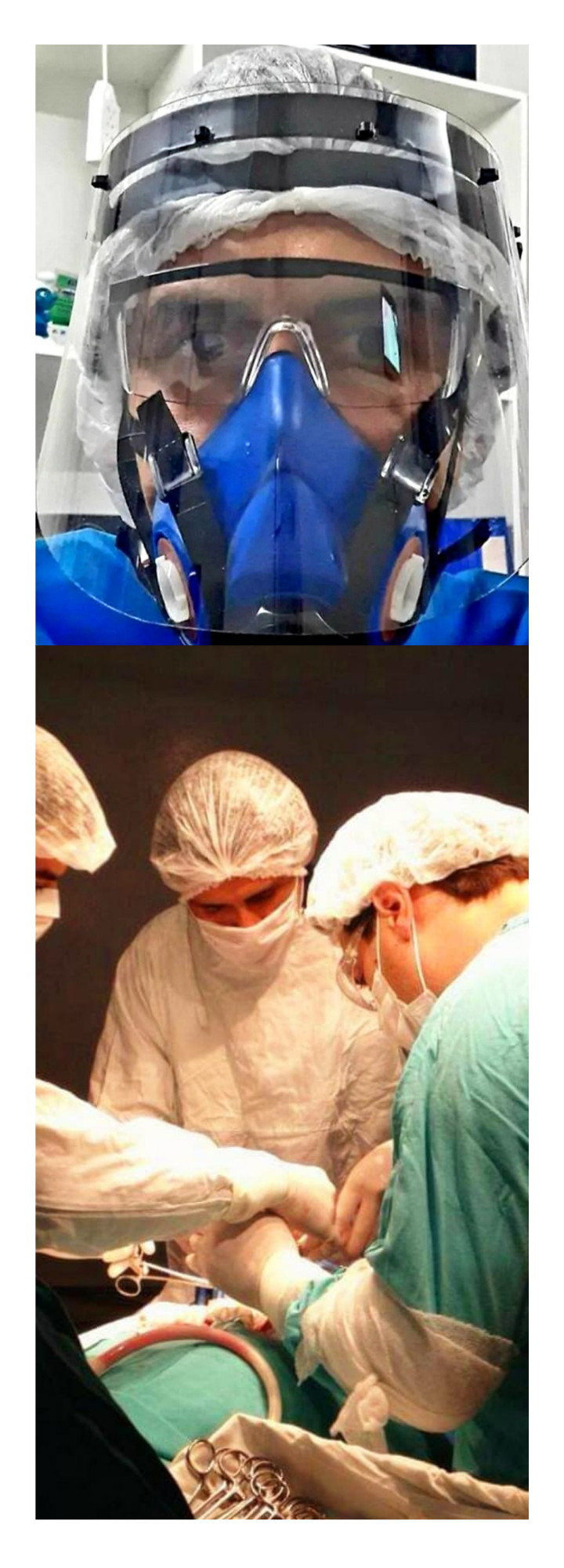 Un collage de tres fotografías de un cirujano con máscara y gafas protectoras.