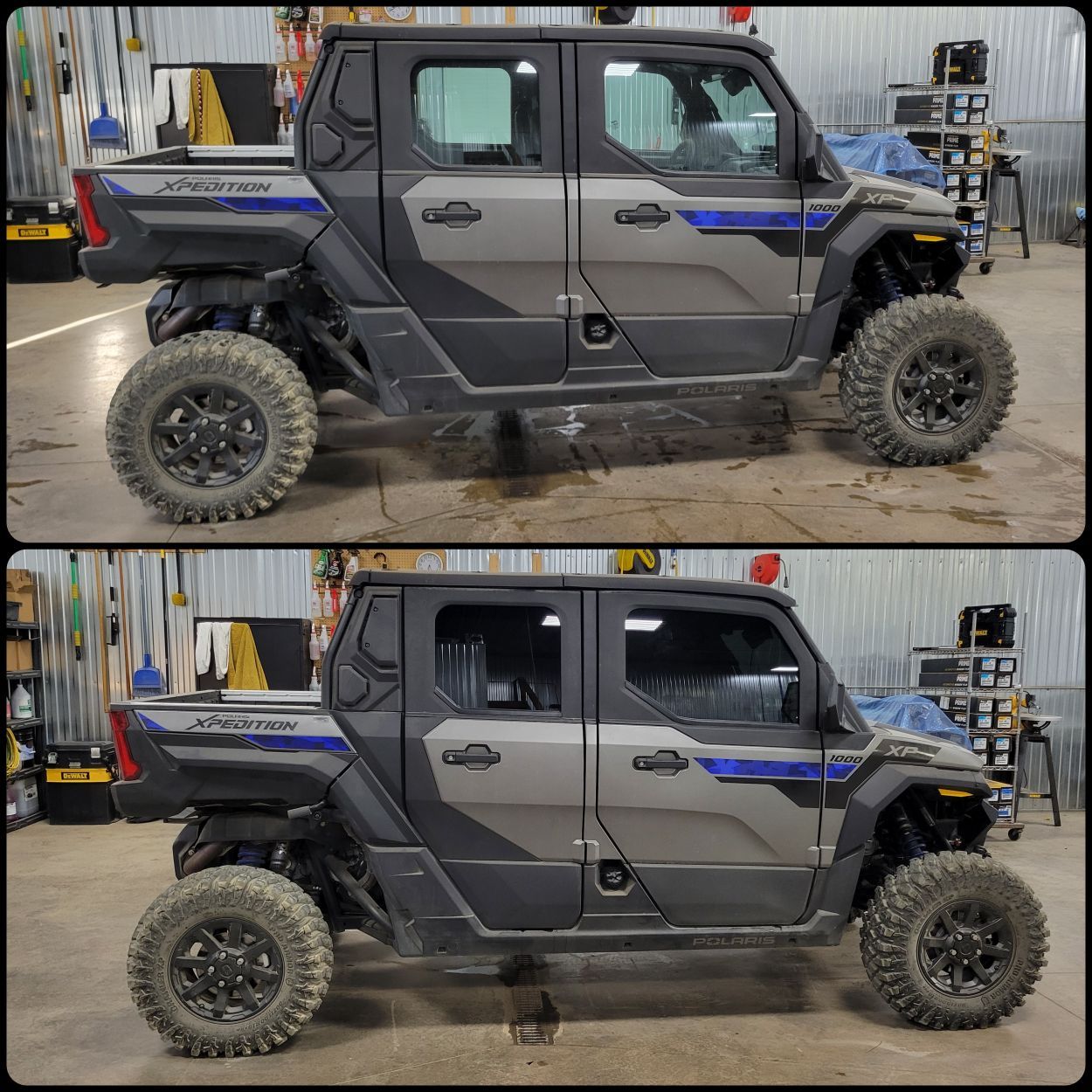 Two side-by-side photos of a gray, custom, off-road vehicle with large tires, in a shop setting.