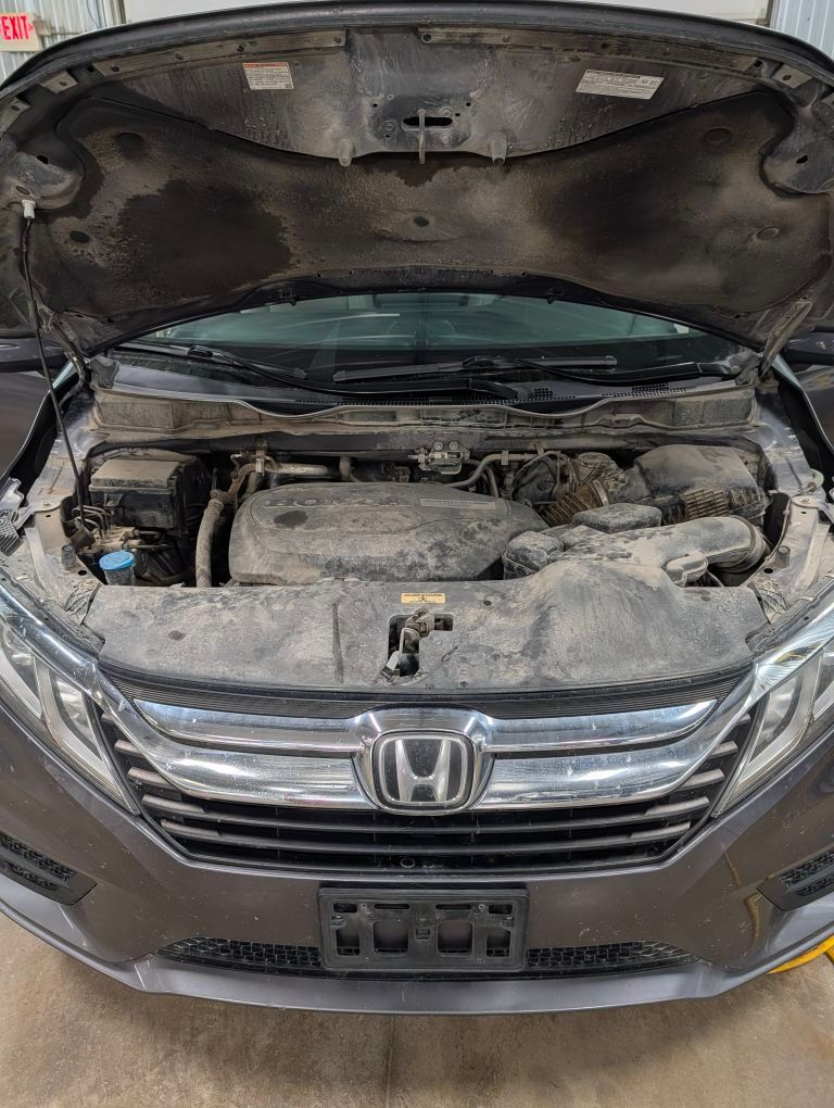 A dusty Honda Odyssey minivan engine bay with the hood open.
