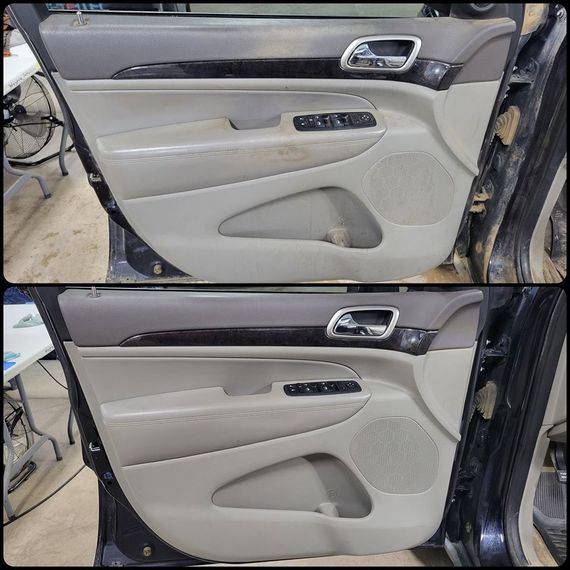 Two pictures of a car door before and after being cleaned.
