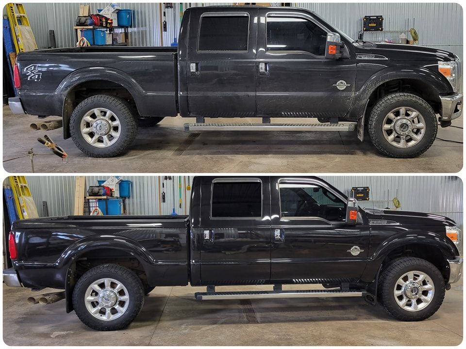 A black pickup truck is shown before and after being lifted.